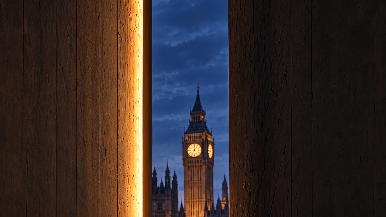 London at dusk, through the amber-lit architecture of the launch film