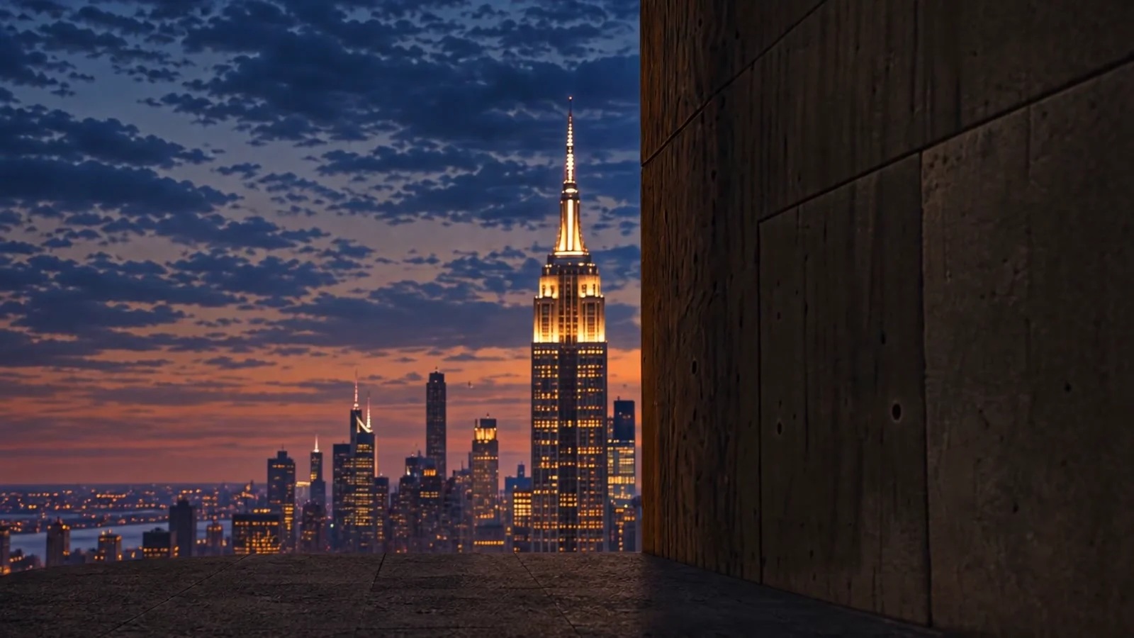 New York at dusk, through the amber-lit architecture of the launch film