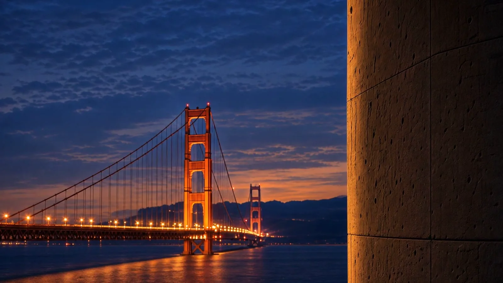 San Francisco at dusk, through the amber-lit architecture of the launch film